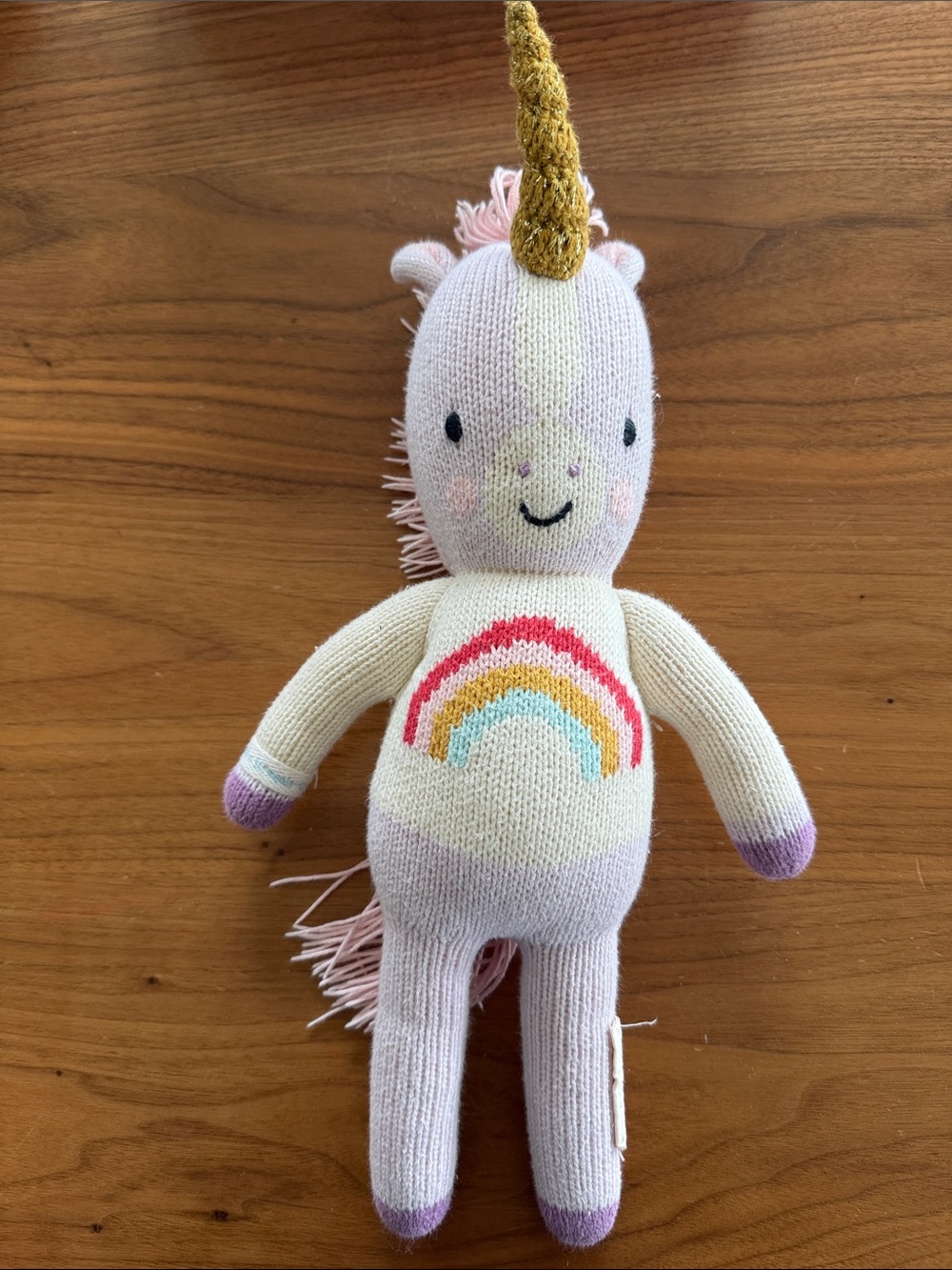 Knit Unicorn Plush Toy in Pink & Gold with Rainbow Chest